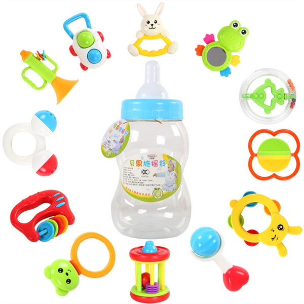 12pcs Baby's First Rattle and Teether Toy with Giant Milk Bottle Grasp Colorful Toys