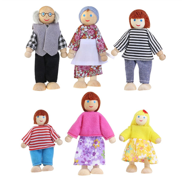 NUOLUX 6pcs Wooden Puppet Toys Cartoon Family Dolls for Children Play House Gift