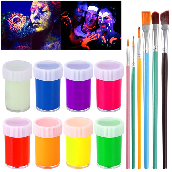 NUOLUX UV Glow Blacklight Face and Body Paint 8 Colors Fluorescent Pigment and 6pcs Paint Brushes