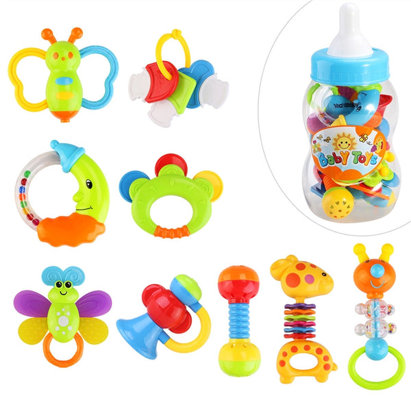 YEAHIBABY 9pcs Baby's First Rattle and Teether Toy with Giant Milk Bottle Grasp Colorful Toy